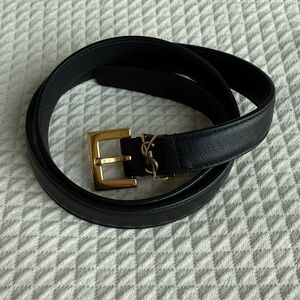 Saint Laurent Cassandre Black Leather Belt with Gold Buckle